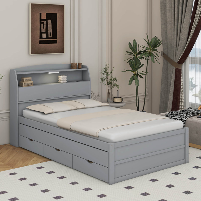 Lit plateforme en bois avec lit gigogne et tiroirs à DEL, Gris, Lit double