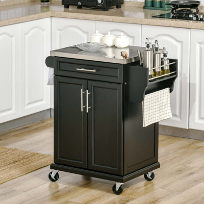 HOMCOM Kitchen Island On Wheels, Rolling Kitchen Cart With Stainless Steel Countertop, Drawer, Towel Rack And Spice Rack, Utility Storage Trolley, Black