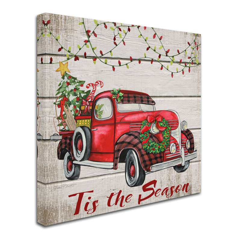 Vintage Red Christmas Truck Canvas Art with Garland Lights