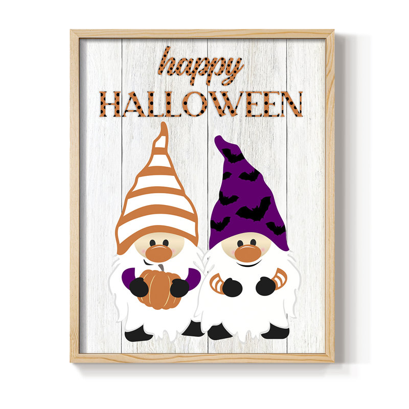 Reproduction encadrée d'Halloween gnomes - bois massif, H 30 po x l 24 po