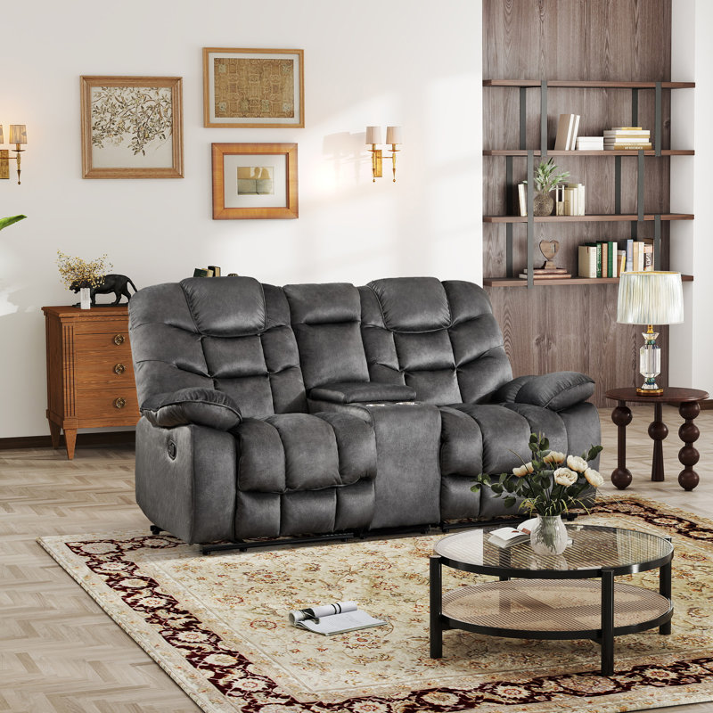 78.35'' Wide Modern Microfiber Manual Reclining Loveseat With Storage Console & Cup Holders, Black