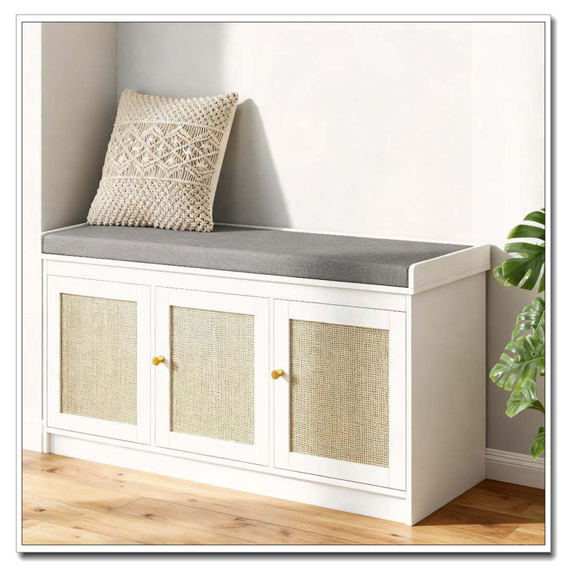 Banc de rangement pour chaussures avec coussin en rotin et assise de couloir robuste, Blanc Grayand