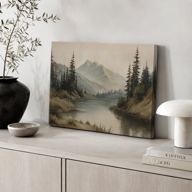 «Misty Mountain Lake with Pine Forest», reproduction d'art sur toile encadrée très grande, Toile tendue