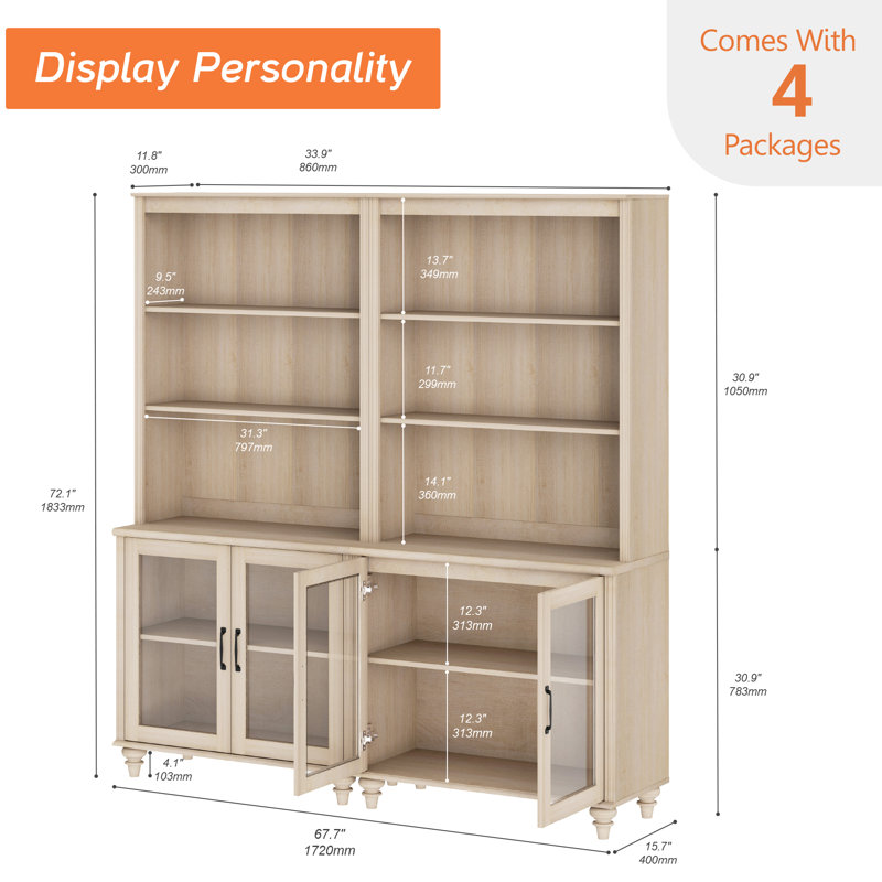 Armoire de cuisine de 72,1 po de hauteur avec 4 portes en verre et des tablettes réglables, chêne clair