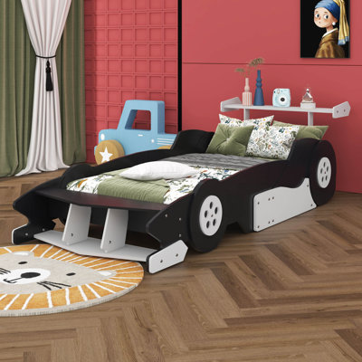 Unfinished Race Car-Shaped Platform Bed with Wheels