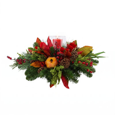 Holiday Candleholder Arrangement with Evergreens and Pinecones