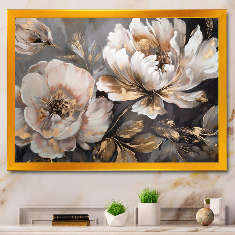 "White Grey Peony Blooms In Motion IV" - pivoines, art encadré, Impression encadrée, H 24 po x l 32 po, Doré