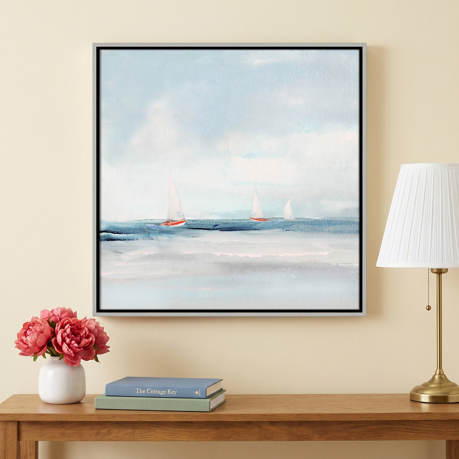 Caribbean Sail by Sally Swatland - Floater Frame Print on Canvas, 17.5" H x 17.5" W x 2" D, Silver
