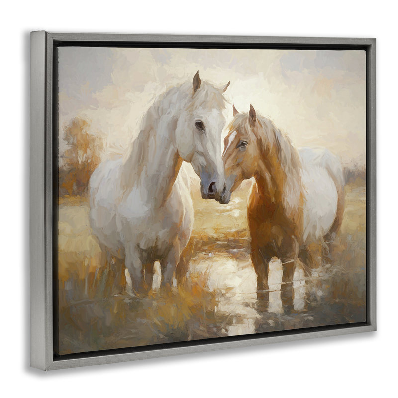 "Horse pair in River", art mural sur toile flottante par Ramona Murdock, H 25 po x l 31 po, Cadre flottant gris lustré