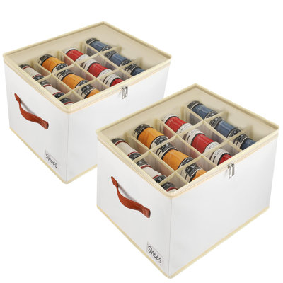 2 Pack Shoe Storage Box Organizer- 24 Cell Space Saver Shoes Containers Bin With Clear Lids Stackable, Can Fit Ottoman, Foldable Shoe Rack Cabinet Cubby