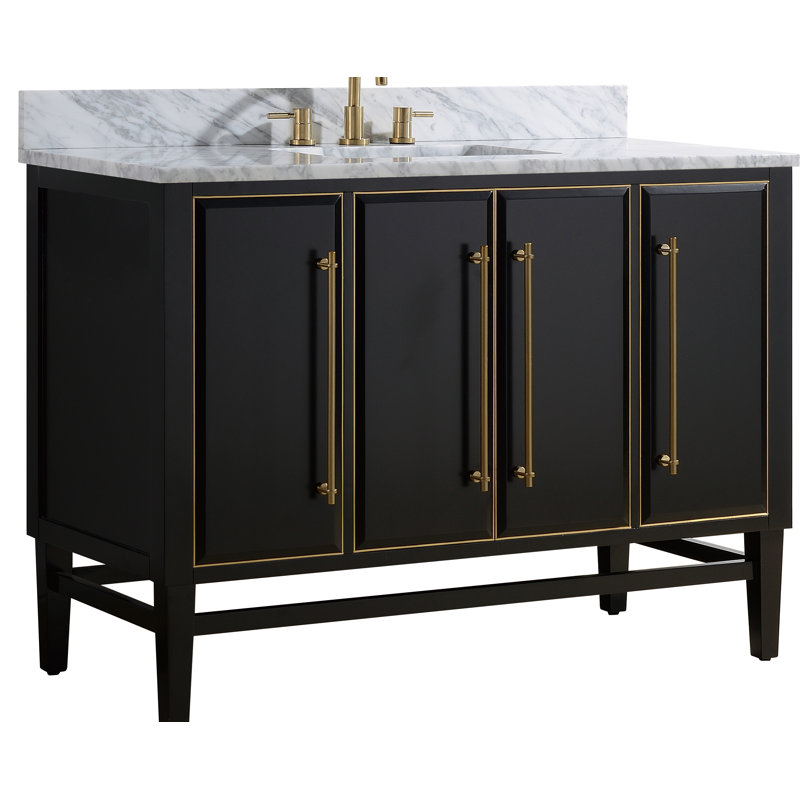 Meuble-lavabo simple 48 po avec comptoir en marbre de Carrare Ewen, Blanc de Carrare, Noir, Or mat