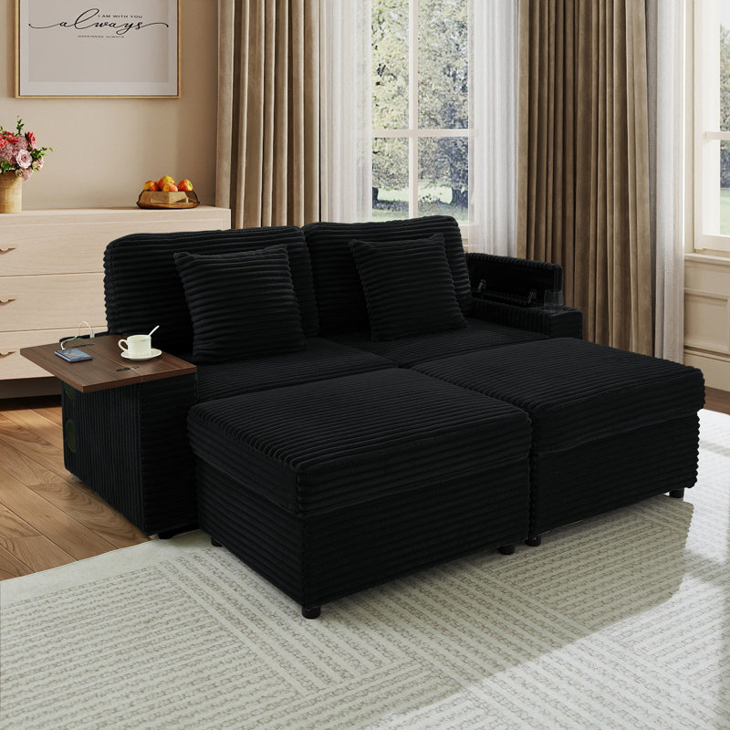 Canapé d'angle convertible en velours côtelé avec bureau pivotant à 360° pour ordinateur portable, haut-parleur Bluetooth, port USB et accoudoir de rangement - Canapé moderne pour petits espaces avec pouf pour appartement