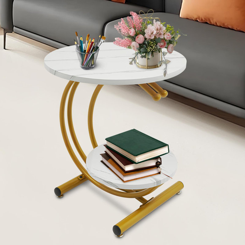 Table d'appoint ronde à 2 niveaux, Blanc, Doré
