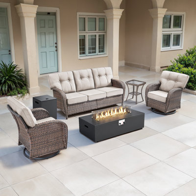 Agnes 5-Pieces Outdoor Wicker Patio T-Back Sofa Set With Fire Pit Table & Swivel Chairs