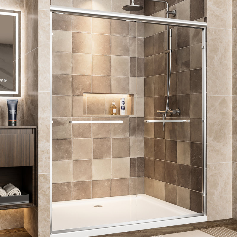 Aluminum Frame Double Sliding Shower Door, 60" Width, 72" Height, 1/4" (6Mm) Tempered Glass With - Proof Film, Waterproof Design And Reversible, Bathroom Tall Door 6Mm Clear Shatter Corrosion