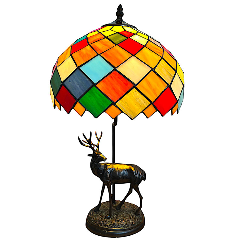 Tiffany Table Lamp with Stag Base, 30cm Diameter Shade, UK Plug