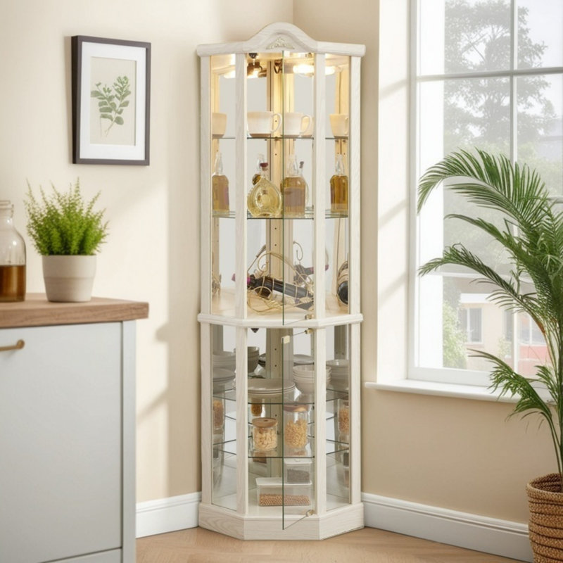 Corner Curio Cabinet With Glass Doors, Display Curio Cabinet With Adjustable Shelves & Built-In Light, Corner China Cabinet For Home Or Office, Wine And Collectibles, White