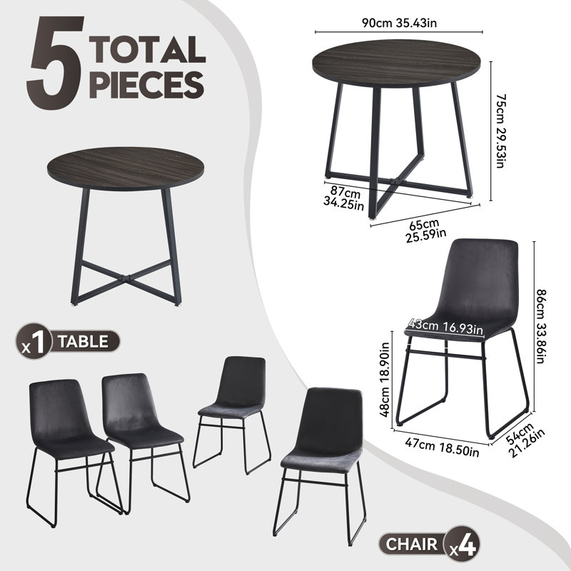 Ensemble de table de salle à manger moderne avec plateau en bois 35,4 po pour 4 chaises rembourrées en velours Modern