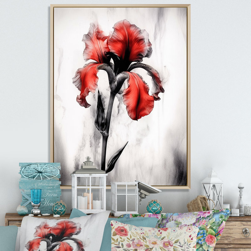 «Red Black Iris Petal I» sur toile, Cadre naturel flottant, H 40 po x l 30 po x P 1,5 po