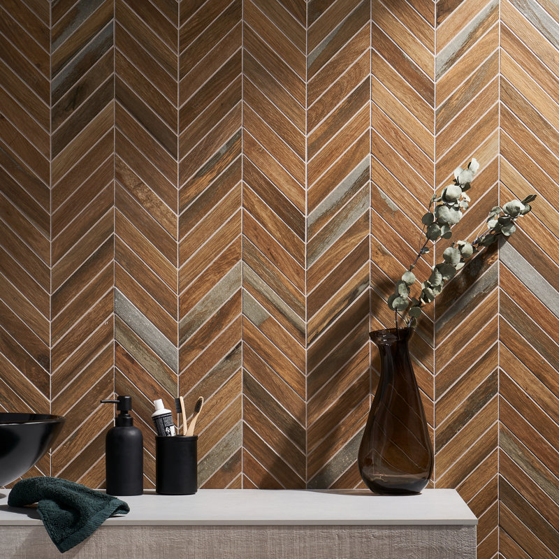 Everlasting 10" x 20" Porcelain Herringbone Wall & Floor Tile, Dark Brown