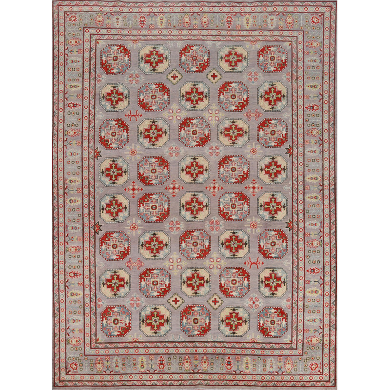 Tapis oriental géométrique en laine Kazak gris 8 x 10