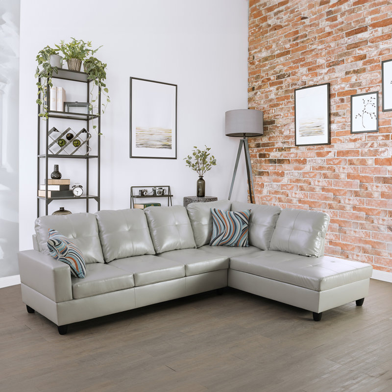 Canapé modulaire en cuir 2 pièces Andrella, Cuir gris, Accoudoir à droite (vu de face)