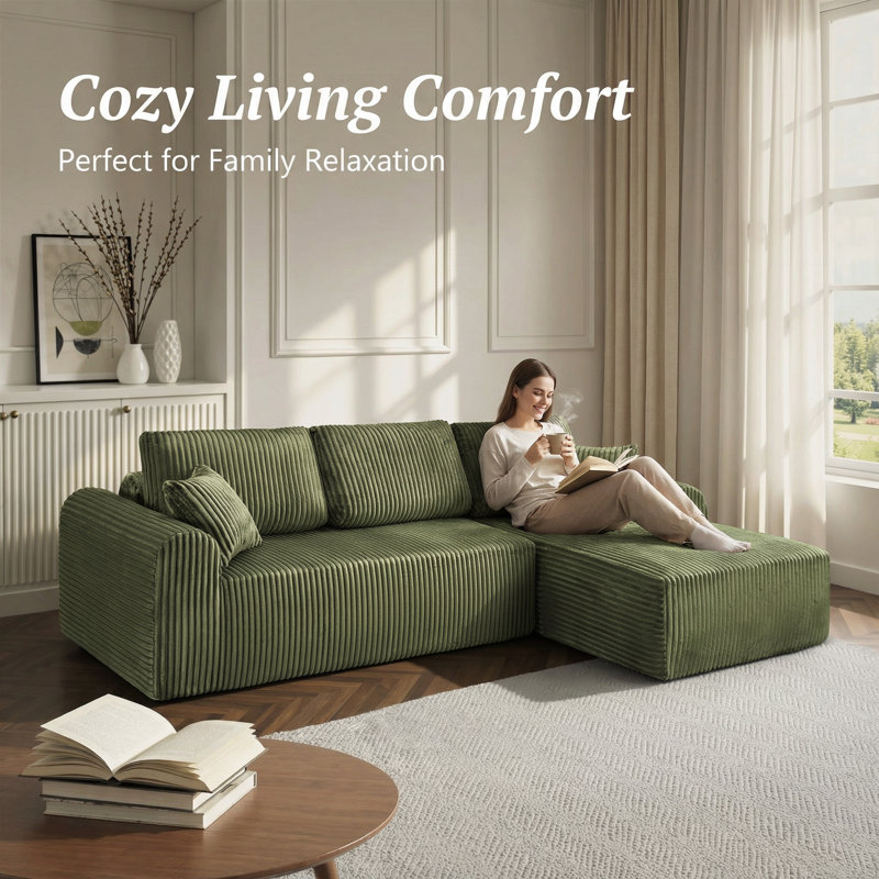 109“ Boneless L-Shaped Sectional Cloud Sofa Free Combination Soft Corduroy Fabric 109 x 69 Inches No Assembly Required 1400 lbs Capacity For Living Room.