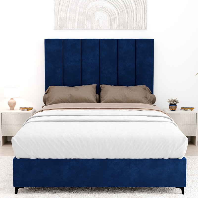 Lit plateforme tapissier Alisander, Double, Bleu, 2