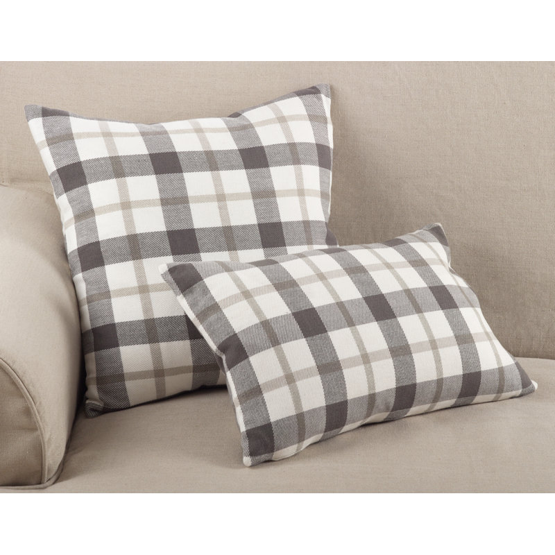 Gray and Beige Plaid Cotton Down Filled Throw Pillow