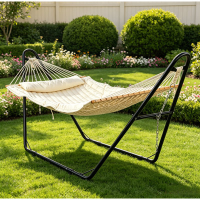 Freestanding Quilted Hammock with Metal Stand, Outdoor Rope Hammock Bed with Pillow & Spreader Bar, Heavy-Duty Hammock for Backyard Patio Garden, Cream