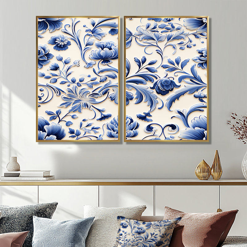 Cobalt Blue Renaissance Flourish Victorian Motif - Art mural bleu 2 pièces, 36" H x 48" W, Impression encadrée flottante