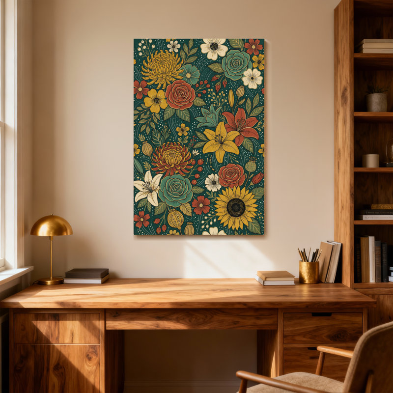 Motif floral de plantes et de fleurs aux couleurs vives et aux feuilles détaillées, H 36 po x l 24 po