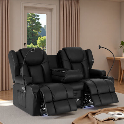 Reclining Loveseat With Heat And Massage, Leather Double Recliner Sofa With Console & Bluetooth Speaker, Zero Clearance Recliner  Loveseat Recliner For Living Room, RV, Home Theater