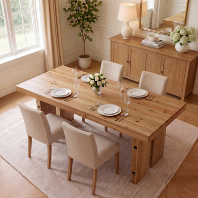 63" Farmhouse Solid Wood Dining Table for 6, Rectangular Kitchen Table with Pedestal Base, Light Brown