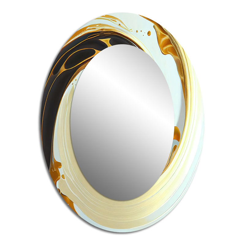 White And Gold Bold Movement I - Abstract Oval Decorative Mirror On Metal, 40" x 30"