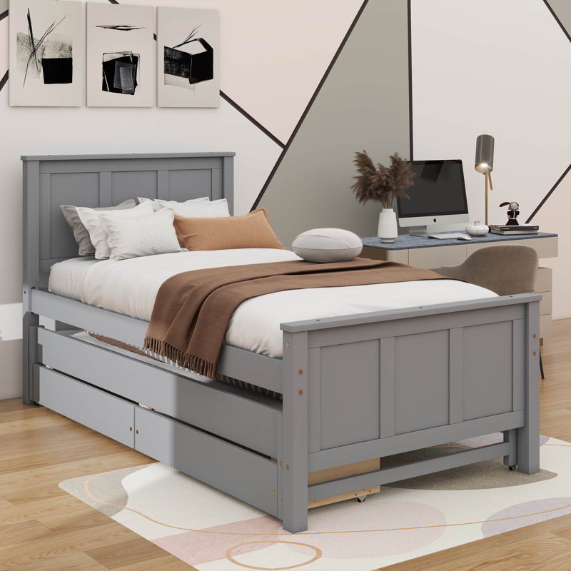 Structure de lit plateforme robuste en bois avec lit gigogne et tiroirs, Gris