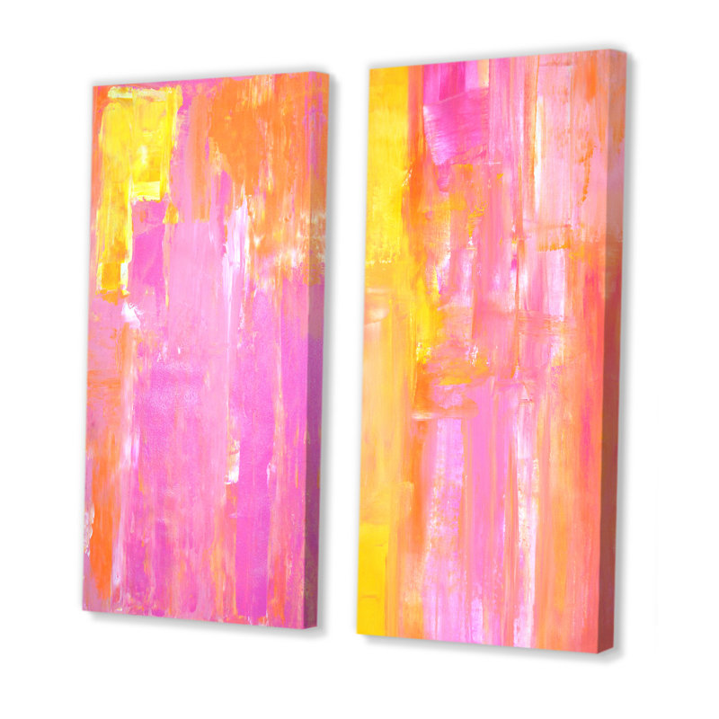 Ensemble de 2 peintures sur toile - Abstrait jaune et rose, Toile tendue, H 20 po x l 24 po x P 1 po