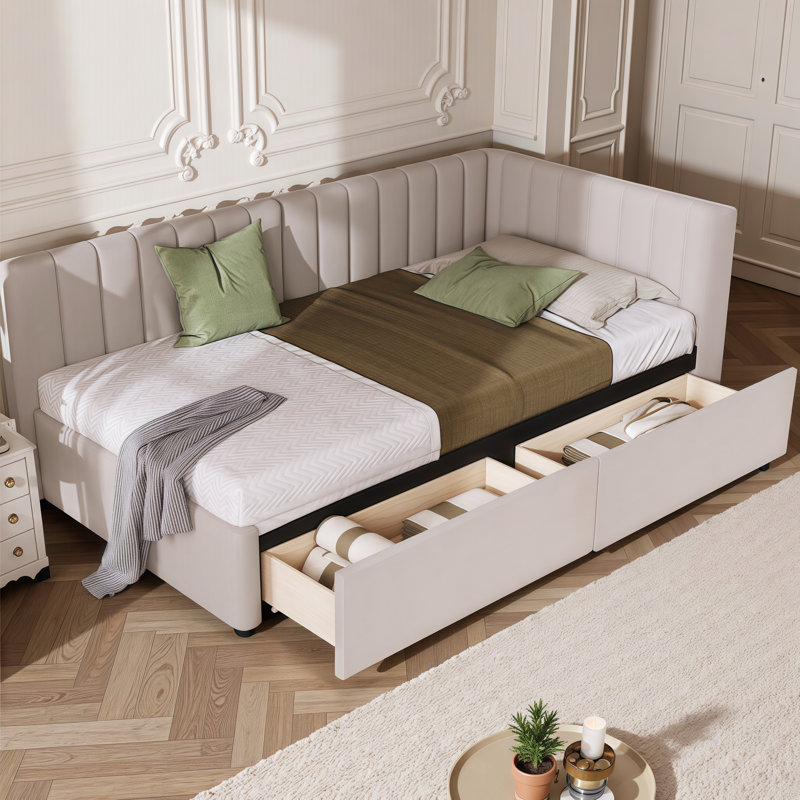 Lit de jour rembourré durable double / double avec 2 tiroirs - aucun sommier nécessaire, Beige, Lit simple