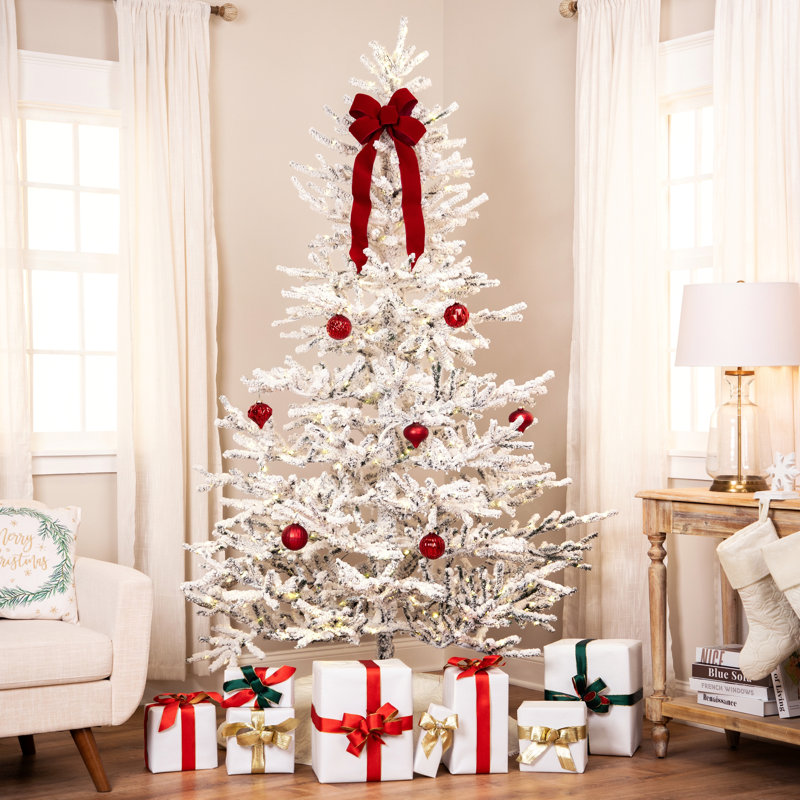 Pre-Lit Medium Flocked IPT Artificial Garden Christmas Tree - Warm White LED Lights, 6.5'