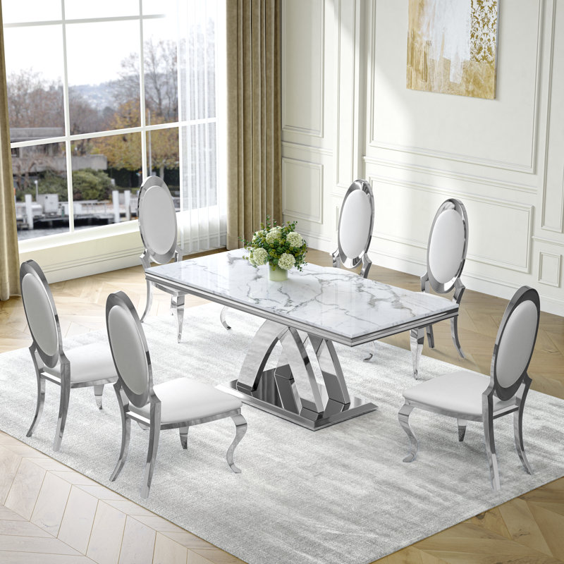 Ensemble de salle à manger Modern Modern, Argent argent, Blanc / argenté