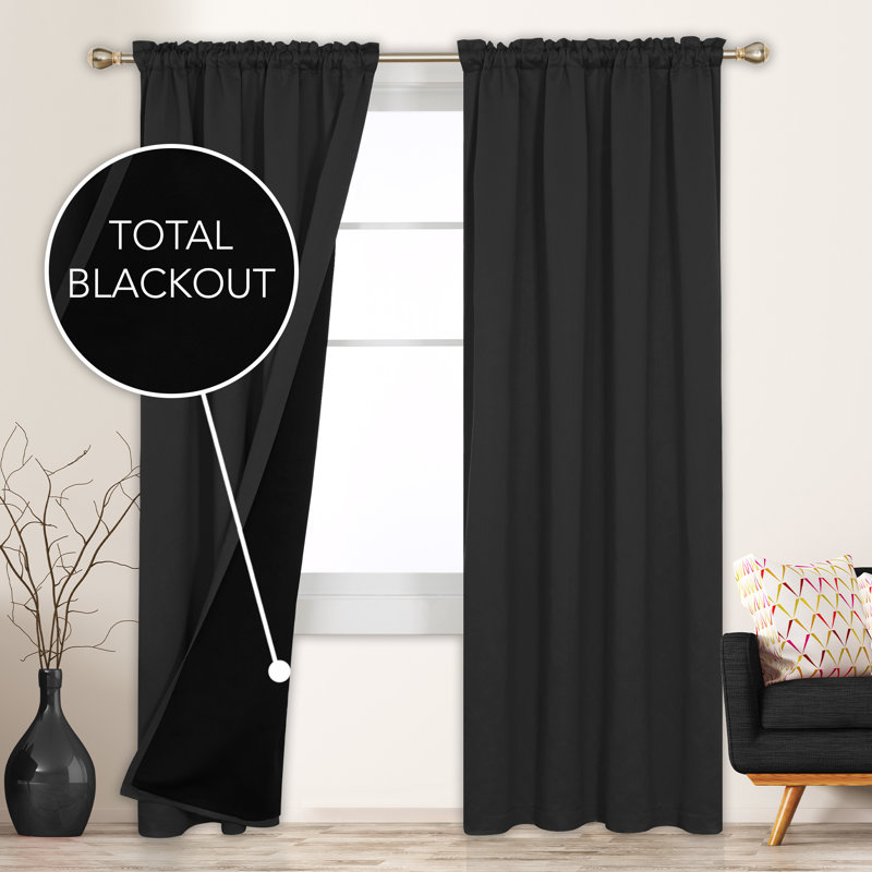 Deconovo 100 Percent Blackout with Liner Rod Pocket Curtain Panel Pair, 52" W x 84" L, Black