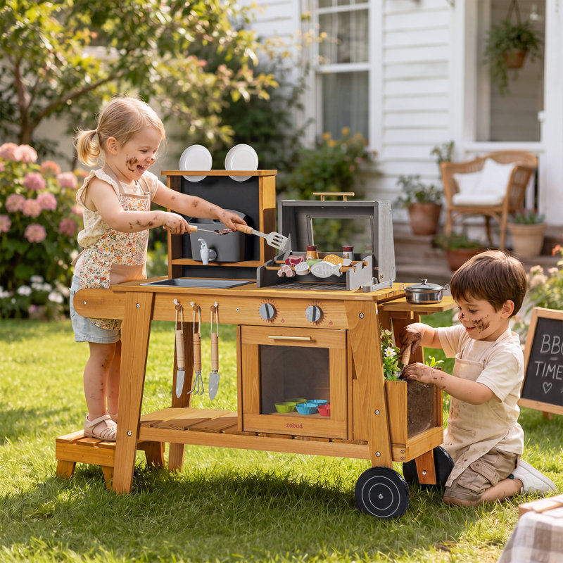 Cuisine de jeu de construction en terre battue avec barbecue et tapis roulant pour enfants