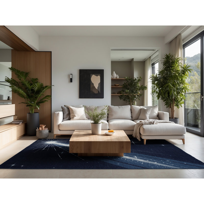 Tapis bleu doux et moelleux moderne et contemporain Vance Starburst, 7 x 9