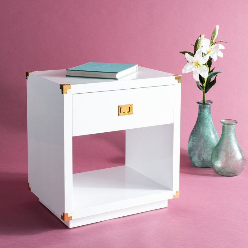 White Lacquer Rectangular Side Table with Brass Accents and Storage
