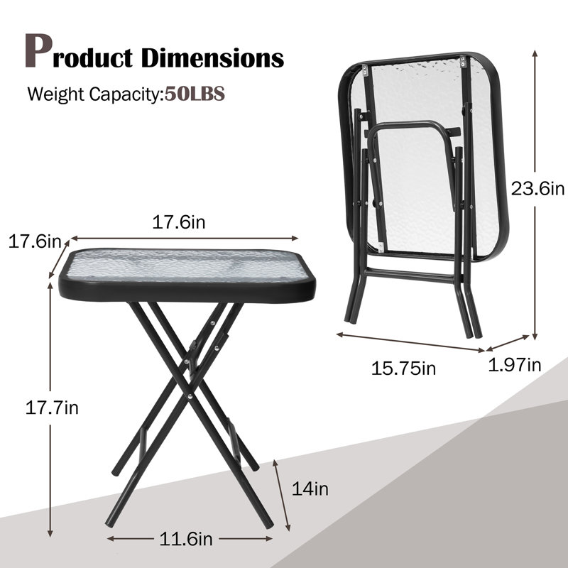 Square Glass Outdoor Folding Side Table, Black