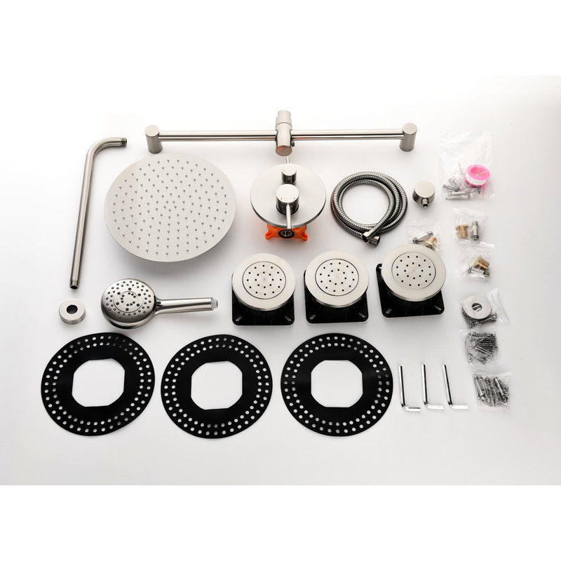 Elegant Shower System In Brushed Nickel: Head, Hand Shower, Slide Bar, Bodysprays, Hose, Valve Trim, Lever Nickel Bathroom With Handles: