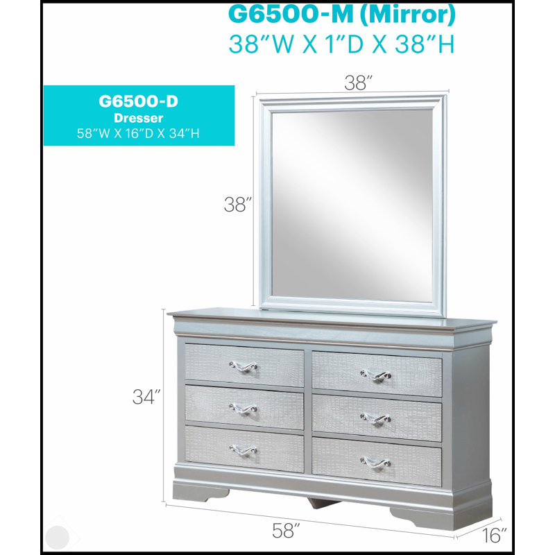 Commode Lorana G6500-D argent champagne avec poignées chromées et accents de faux cristal, alliant élégance traditionnelle et durabilité moderne
