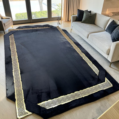 Black Gold Greek Border Plush Rug, Custom Size Soft Fluffy Carpet_10X14ft