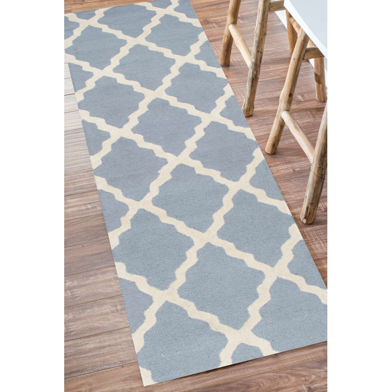 Tapis bleu / crème en laine touffeté à la main Zaphod, Tapis de couloir 2 pi 6 po x 12 pi