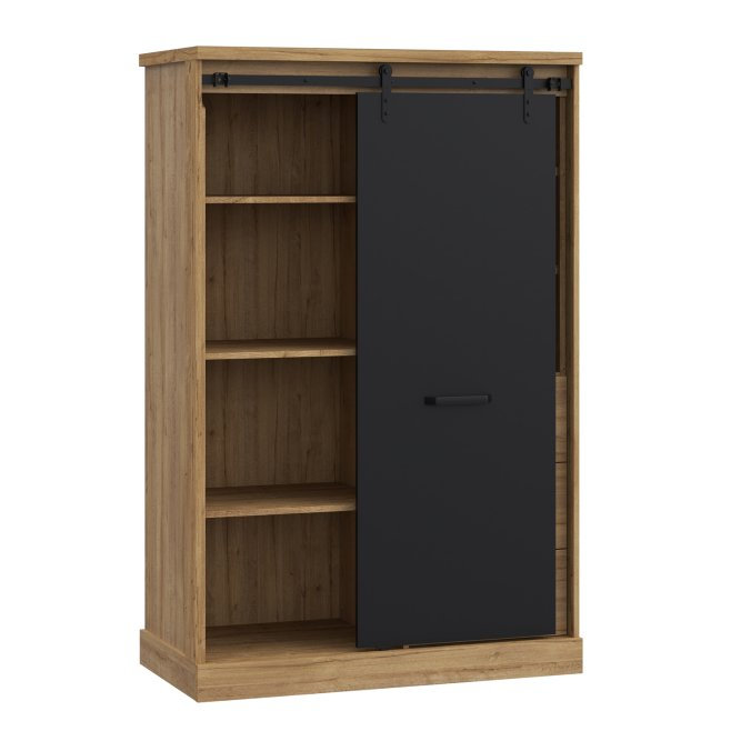 Angol 104cm Display Cabinet with 3 Drawers and LED Lighting - Waterford Oak and Black